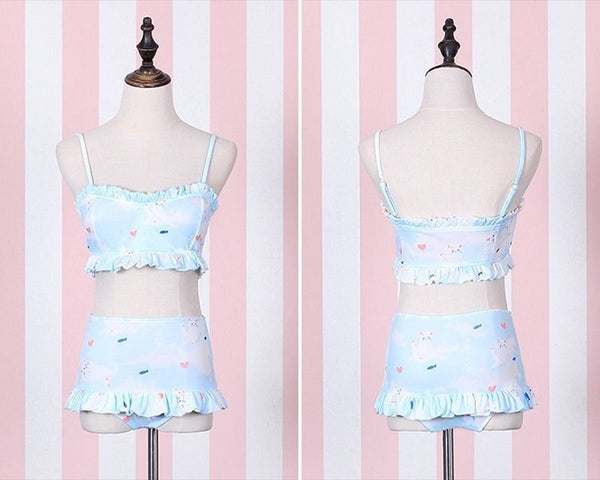 Lovely Cat Printed Bikini Swimwear Girls Ruffled Strap Padded Bathing Swimsuit