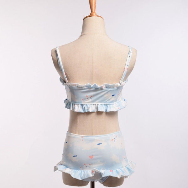 Lovely Cat Printed Bikini Swimwear Girls Ruffled Strap Padded Bathing Swimsuit