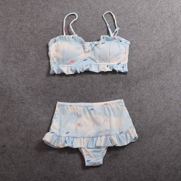 Lovely Cat Printed Bikini Swimwear Girls Ruffled Strap Padded Bathing Swimsuit