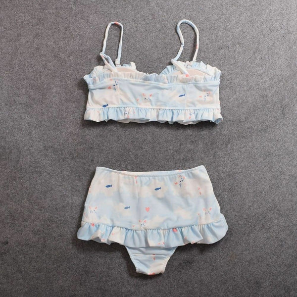 Lovely Cat Printed Bikini Swimwear Girls Ruffled Strap Padded Bathing Swimsuit