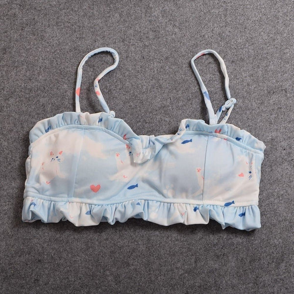Lovely Cat Printed Bikini Swimwear Girls Ruffled Strap Padded Bathing Swimsuit