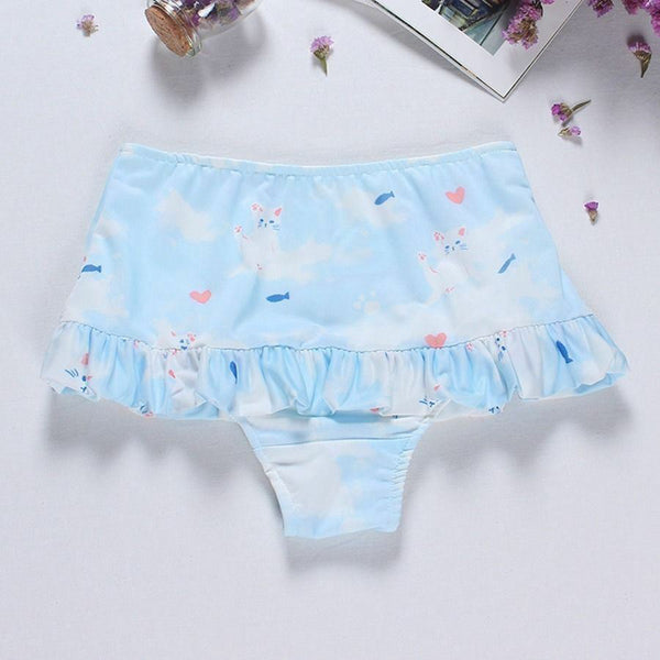 Lovely Cat Printed Bikini Swimwear Girls Ruffled Strap Padded Bathing Swimsuit