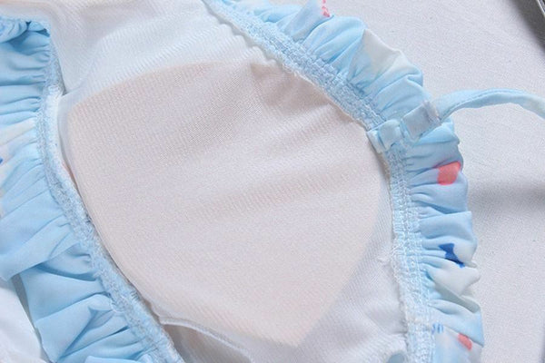 Lovely Cat Printed Bikini Swimwear Girls Ruffled Strap Padded Bathing Swimsuit