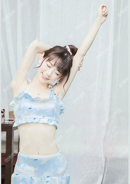 Lovely Cat Printed Bikini Swimwear Girls Ruffled Strap Padded Bathing Swimsuit