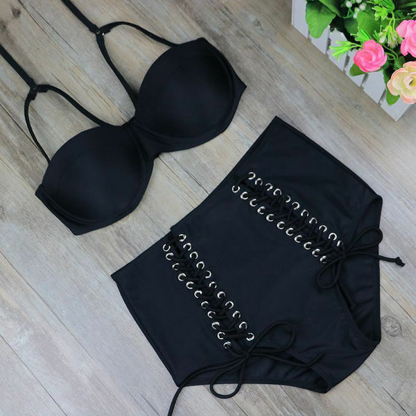 Black Push Up Swimwear Halter Sexy Bikini Women Swimsuit High Waisted Bath Suit