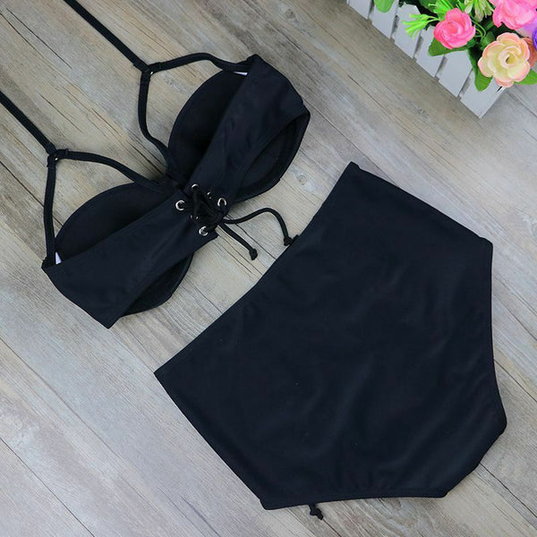 Black Push Up Swimwear Halter Sexy Bikini Women Swimsuit High Waisted Bath Suit