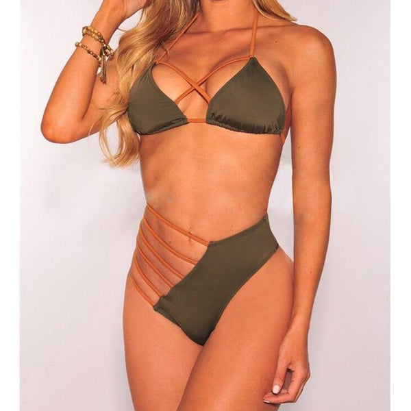 Push Up Side Cross Low Cut Bandage Cut Out Bathing Bikini Halter Beach Swimsuit