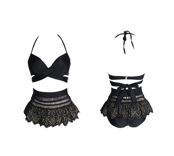 Embroidery Sexy Bikini High Waist Bandage Skinny Hot Spring Back Bow Swimsuit