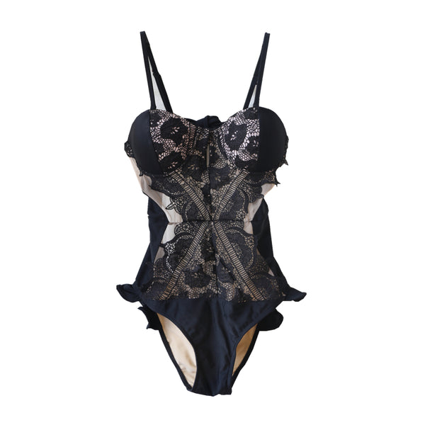 Sexy Embroidery White Black Mesh Lace DeepV One Piece High Cut Backless Swimwear