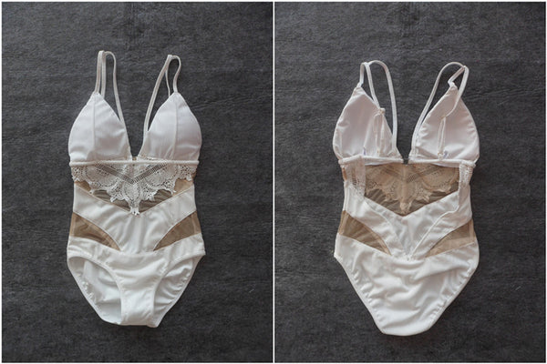 Sexy Embroidery White Black Mesh Lace DeepV One Piece High Cut Backless Swimwear