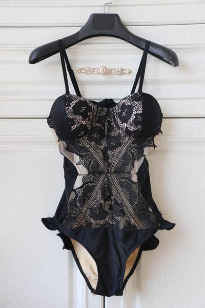 Sexy Embroidery White Black Mesh Lace DeepV One Piece High Cut Backless Swimwear