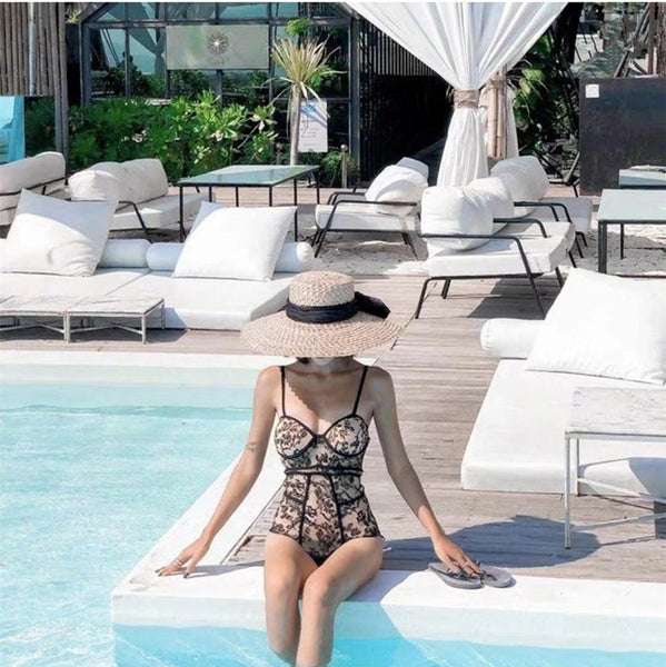 Sexy Breathable Poolside Retro Vintage Black Lace Swimwear Bathing Suit Monokini