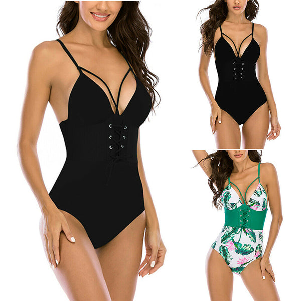 Women Girl Monokini Swimwear Green Leaf strappy Swimsuit Bathing Set Beachwear