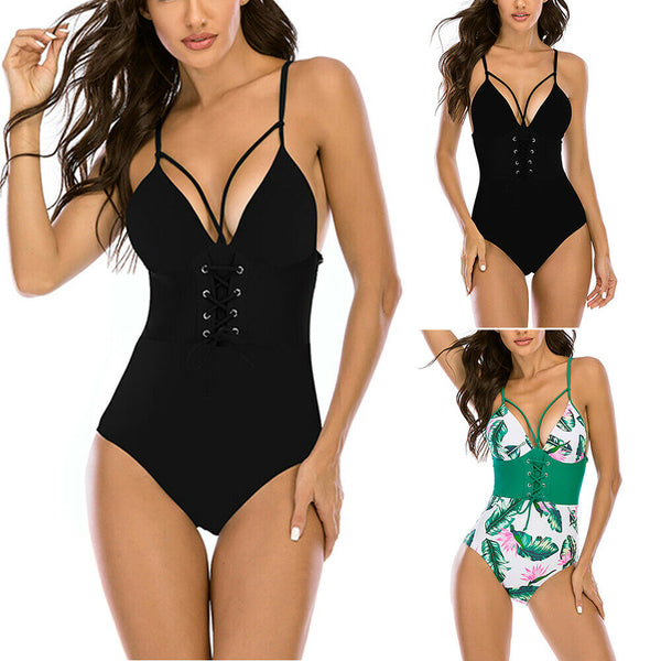 Women Girl Monokini Swimwear Green Leaf strappy Swimsuit Bathing Set Beachwear