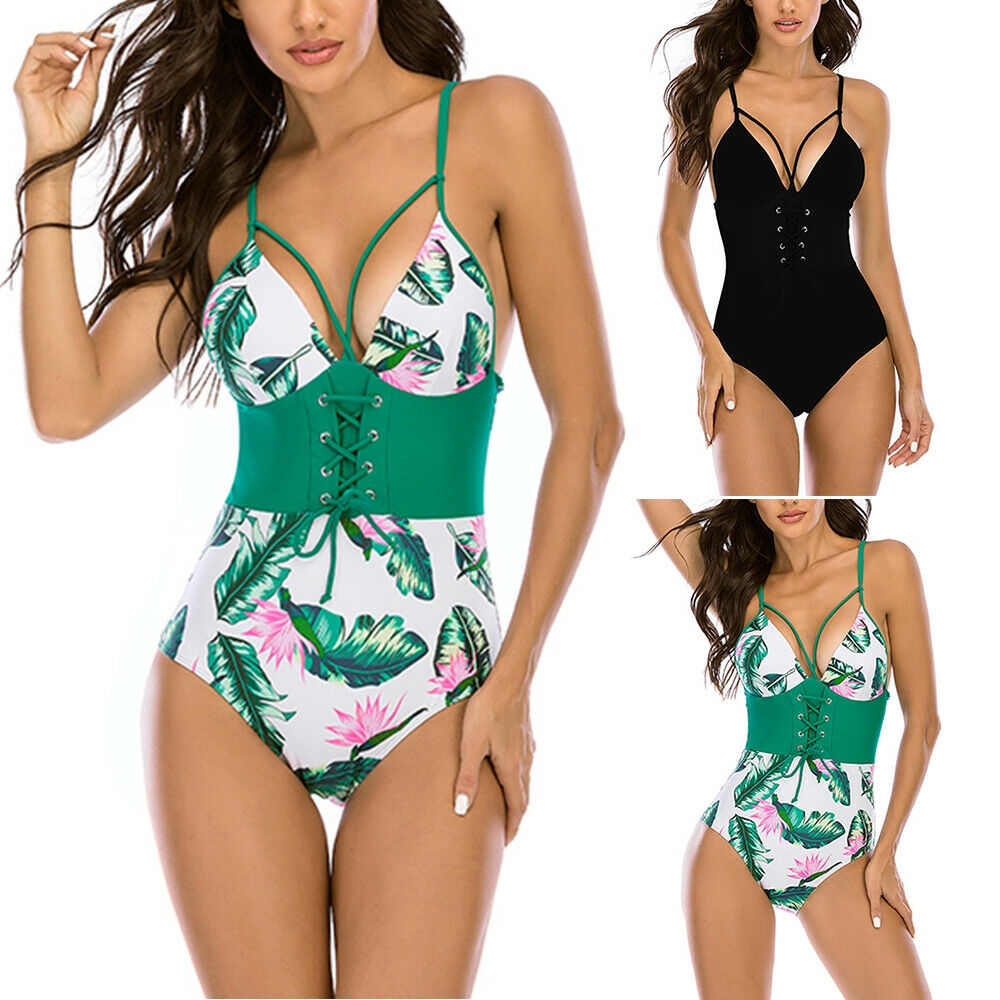 Women Girl Monokini Swimwear Green Leaf strappy Swimsuit Bathing Set Beachwear