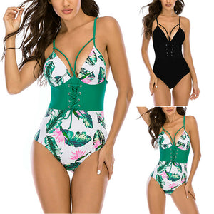 Women Girl Monokini Swimwear Green Leaf strappy Swimsuit Bathing Set Beachwear