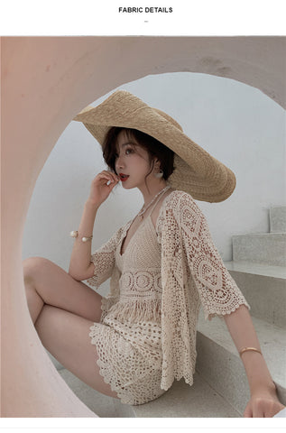 3 in 1 Suit Covered Belly Sexy Women Crochet Lace Bikini Shorts Cover up Swimsuit