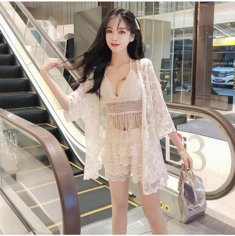 New 3 in 1 Suit Covered Belly Sexy Women Crochet Knitted Lace Bikini Shorts Cover up Beach Long Sleeved Swimsuit