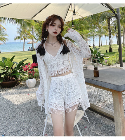 3 in 1 Suit Sexy Women Crochet Knitted Lace Bikini Shorts Cover up Hot Spring Long Sleeved Swimsuit