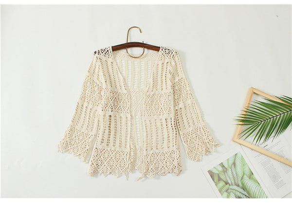 3 in 1 Suit Sexy Women Slim Crochet Knitted Lace Bikini Shorts Cover up Hot Spring Long Sleeved Swimsuit