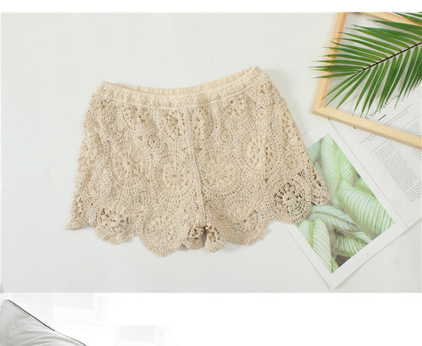 3 in 1 Suit Sexy Women Slim Crochet Knitted Lace Bikini Shorts Cover up Hot Spring Long Sleeved Swimsuit