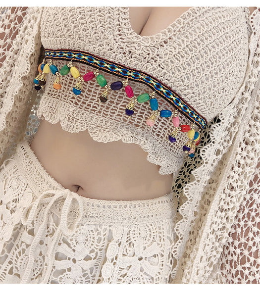 3 in 1 Suit Sexy Women Covered Belly Crochet Knitted Lace Bikini Shorts Cover up Apricot Pattern Long Sleeved Swimsuit