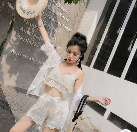 Sexy Women Crochet Knitted Lace Tube Top Shorts Cover up Elastic Waist Pattern Long Sleeved Swimsuit