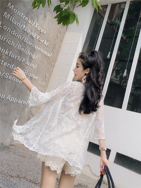 Sexy Women Crochet Knitted Lace Tube Top Shorts Cover up Elastic Waist Pattern Long Sleeved Swimsuit
