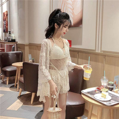 New 3 in 1 Suit Sexy Women Slim Crochet Knitted Lace Tube Top Shorts Elastic Waist Pattern Long Sleeved Swimsuit