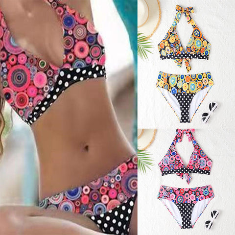 Geometric Logo Printed Triangle Front Bow Bikini Sexy Strap Ladies Swimwear