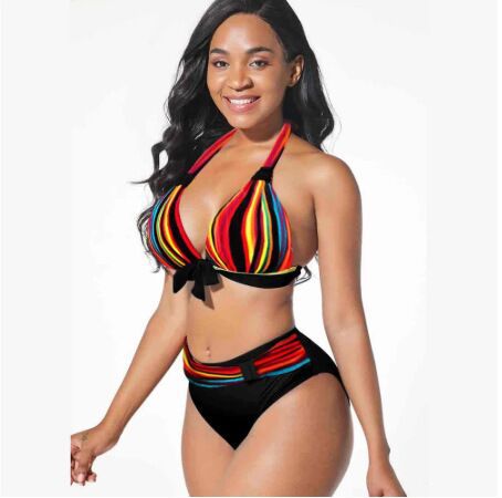 Women High waist Retro Swimsuit striped sexy Strappy backless Bikini Swimwear