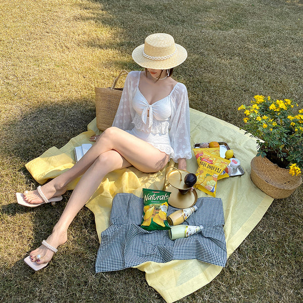 Vacation Sexy Belly Cover Sunscreen Blouse Fairy Hot Spring Swimsuit w/ Smock
