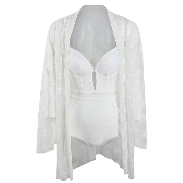 Vacation Sexy Belly Cover Sunscreen Blouse Fairy Hot Spring Swimsuit w/ Smock