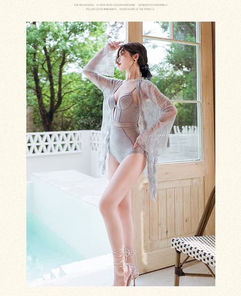 Vacation Sexy Belly Cover Sunscreen Blouse Fairy Hot Spring Swimsuit w/ Smock