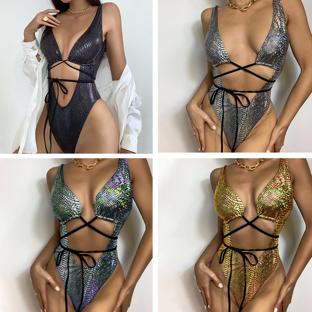 One Piece Sexy Women Strappy Backless Sleeveless Snakeskin Shiny Wrap Lace Up Swimsuit