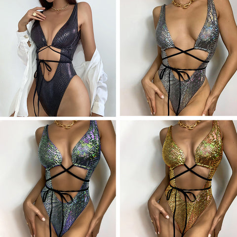 One Piece Sexy Women Strappy Backless Sleeveless Snakeskin Shiny Wrap Lace Up Swimsuit