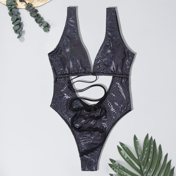 One Piece Sexy Women Strappy Backless Sleeveless Snakeskin Shiny Wrap Lace Up Swimsuit