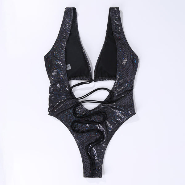 One Piece Sexy Women Strappy Backless Sleeveless Snakeskin Shiny Wrap Lace Up Swimsuit