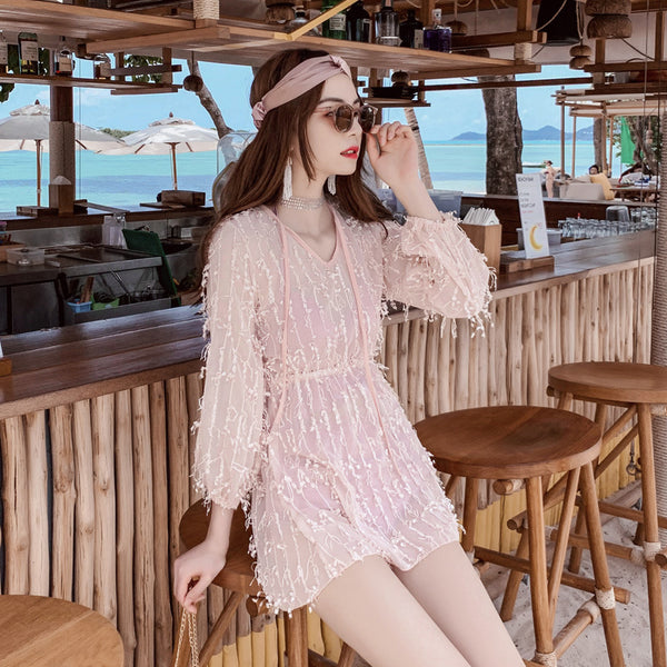 3 in 1 Blouse Bikini Beach Retro Long Sleeved Sunscreen High Waist Boxer Swimsuit