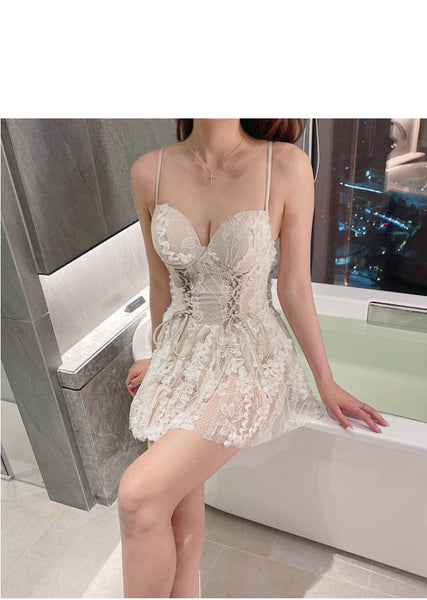 White Sexy Front Tie Bow Lace Swimsuit Cover Belly One Piece Hot Spring Swimming Suit
