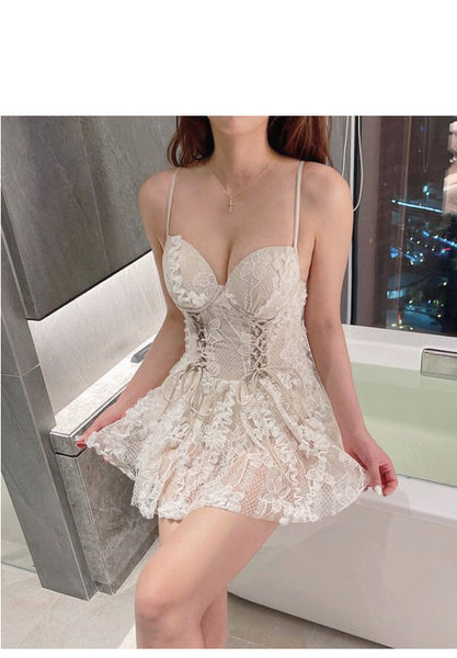 White Sexy Front Tie Bow Lace Swimsuit Cover Belly One Piece Hot Spring Swimming Suit