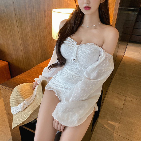 Resort White Bat Sleeves Long Sleeved Backless Sexy One Piece High Waist Swimsuit
