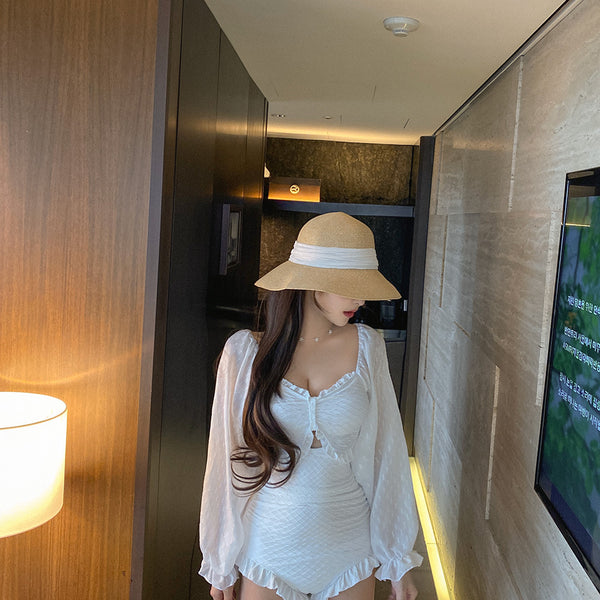 Resort White Bat Sleeves Long Sleeved Backless Sexy One Piece High Waist Swimsuit