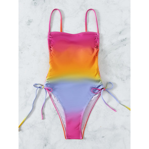 Sexy Chic Women Color Gradient Colorful One Piece Swimsuit Drawstring Swimwear