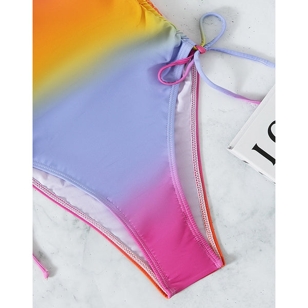 Sexy Chic Women Color Gradient Colorful One Piece Swimsuit Drawstring Swimwear