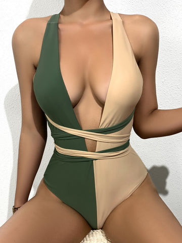 New Women Green Yellow Color Cross Matching Patchwork Deep V One Piece Swimsuit