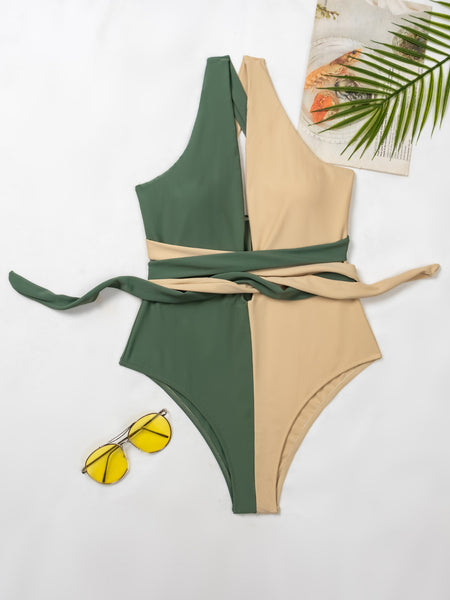 New Women Green Yellow Color Cross Matching Patchwork Deep V One Piece Swimsuit