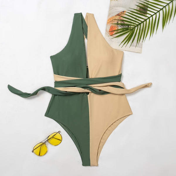 New Women Green Yellow Color Cross Matching Patchwork Deep V One Piece Swimsuit