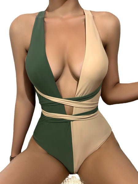 New Women Green Yellow Color Cross Matching Patchwork Deep V One Piece Swimsuit