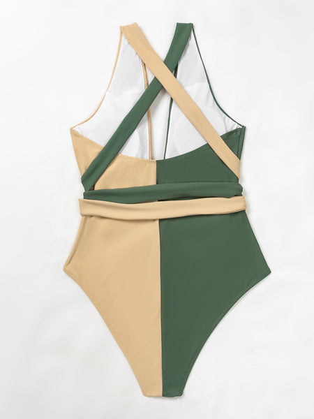 New Women Green Yellow Color Cross Matching Patchwork Deep V One Piece Swimsuit